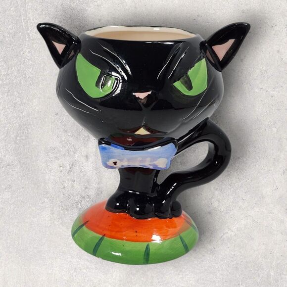 Black Cat Halloween Planter or Mug Whimsical Ceramic Goblet Style Kitty Spooky - Picture 1 of 10
